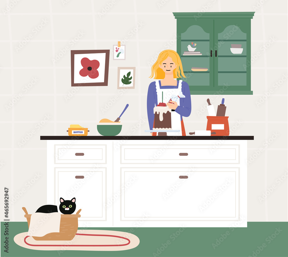 Fototapeta premium A woman is making a cake in the kitchen. The cat is sleeping in a basket. flat design style vector illustration.