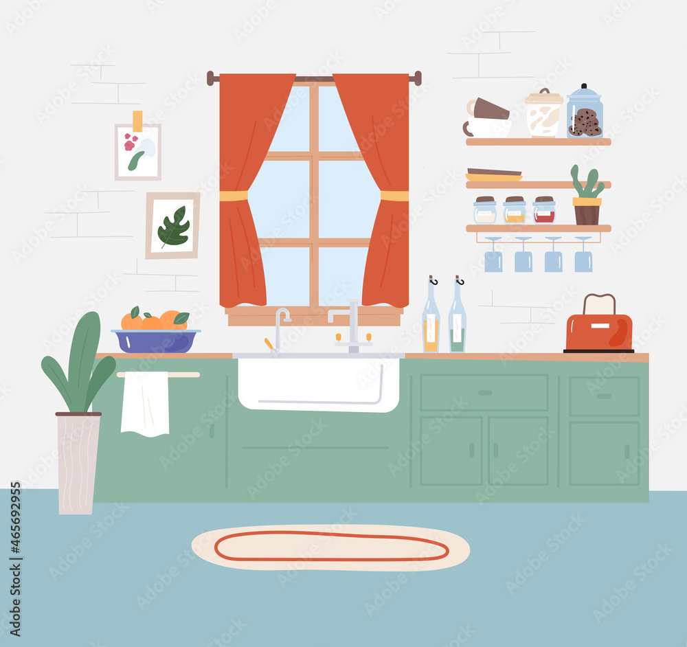 Kitchen space interior with a window above the sink. flat design style vector illustration. Kitchen space interior with a window above the sink. flat design style vector illustration.