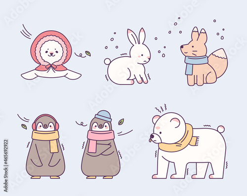 Cute baby animals in knitted scarves and hats are shivering in the cold. flat design style vector illustration.