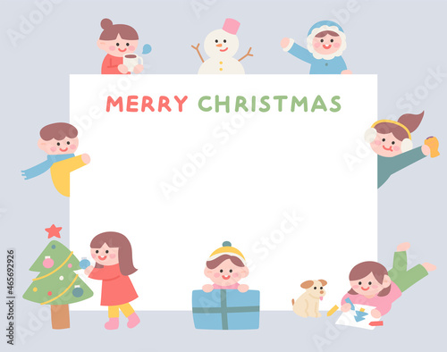Cute children say Christmas greetings around a large white piece of paper. flat design style vector illustration.
