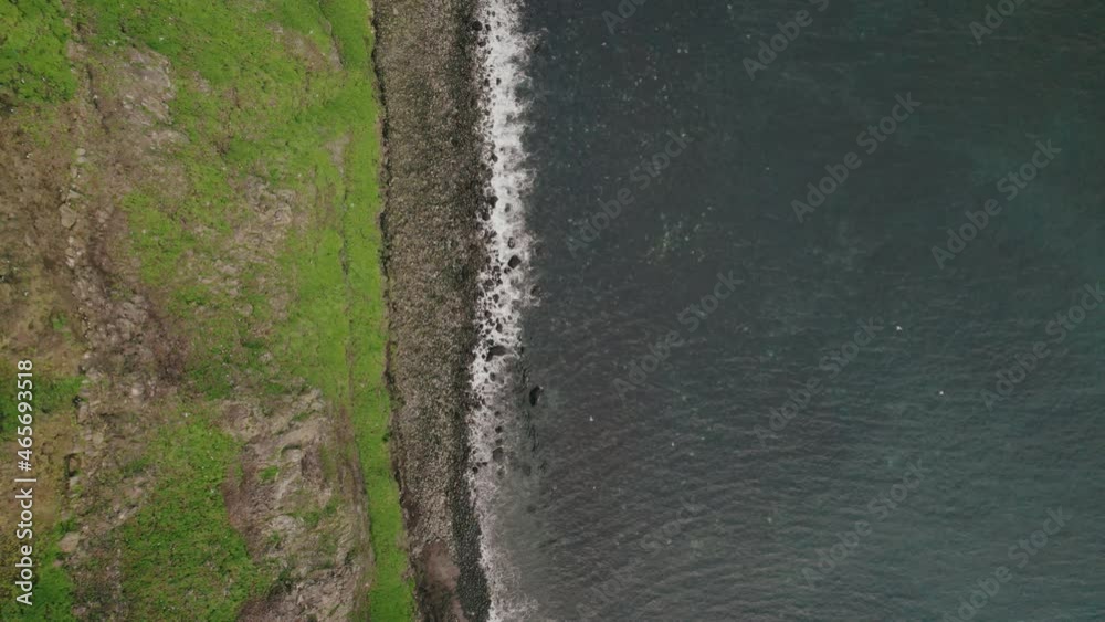 Seabirds soar above green cliffs of Grimsey Island. Bird's eye view, zoom out. Seabirds soar above green cliffs of Grimsey Island. Bird's eye view, zoom out.