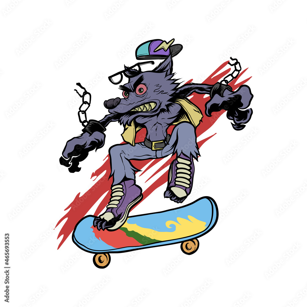 Fototapeta premium Hand Drawing vector Werewolf Playing Skateboard