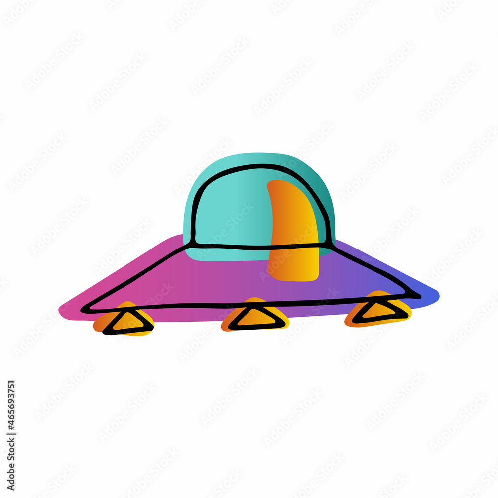 Fototapeta premium Bright space doodle sticker. Hand-drawn Flying saucer isolated on white background. Gradient orange, blue neon color astronomical object. UFO, Spaceship sketch sign. Vector science cute illustration