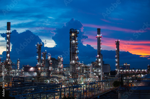 Oil    refinery     and    plant tower column refinery of petrochemistry industry in oil    and    gas       industry with    cloud    blue       sky cloud the twilight.