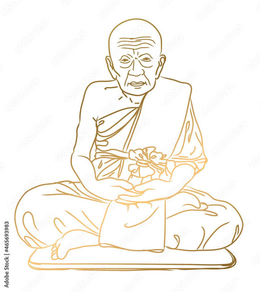 vector golden pattern meditating monk thailand on a white background