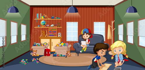 Interior of living room with children