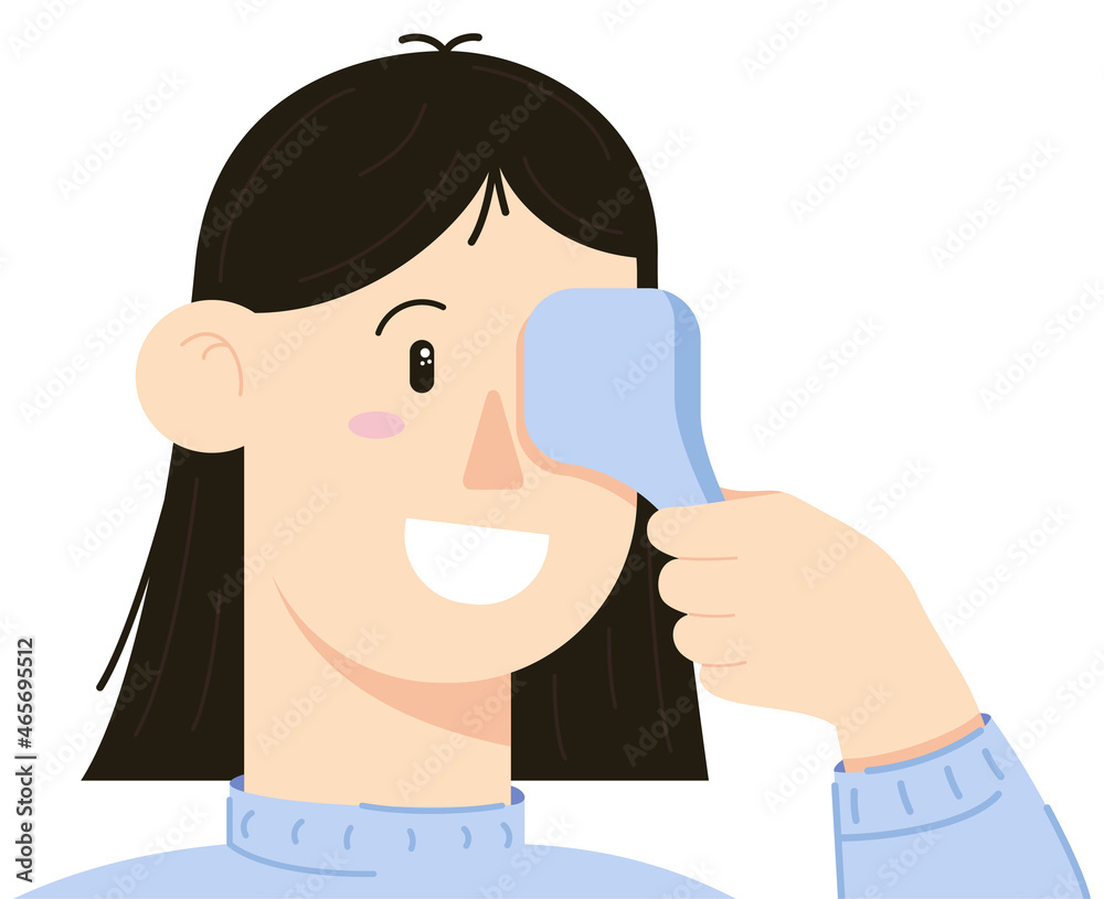 Young woman get vision checkup, eye health, ophthalmology, ophthalmologist testing eyesight. Illustration in a flat style isolated on a white background. Vector illustration Young woman get vision checkup, eye health, ophthalmology, ophthalmologist testing eyesight. Illustration in a flat style isolated on a white background. Vector illustration