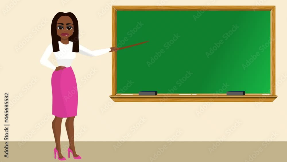 Teacher pointing at a blank chalkboard in a classroom. Teacher pointing at a blank chalkboard in a classroom.