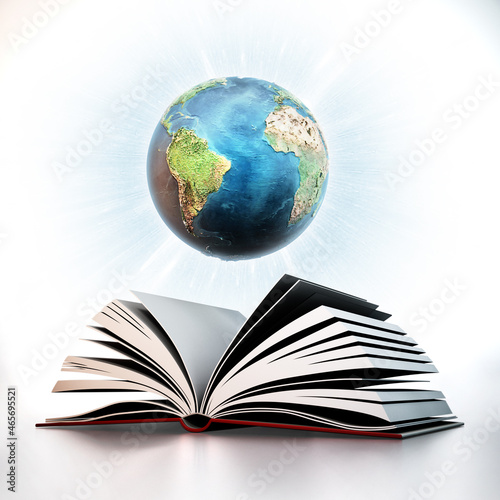 Blue globe on open book pages. 3D illustration