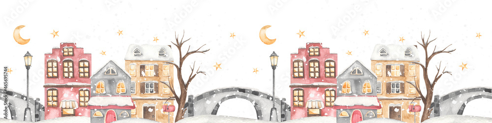 Watercolor seamless border with winter european city, bridge, lantern, snow
