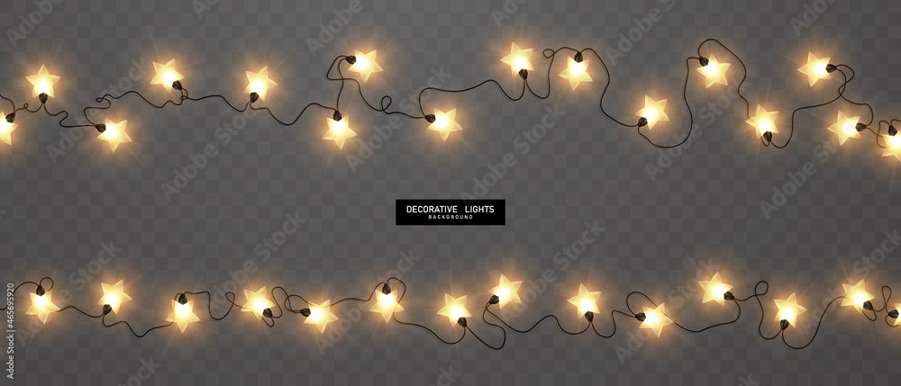 Abstract decoration of christmas star string lights on a black background