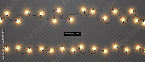 Abstract decoration of christmas star string lights on a black background