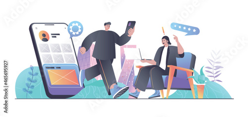 App development concept for web banner. Developers create mobile applications and optimization layout programs modern people scene. Vector illustration in flat cartoon design with person characters