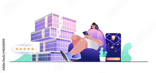 Hotel booking concept for web banner. Woman traveler reserves room or apartment in mobile app for vacation, modern people scene. Vector illustration in flat cartoon design with person characters