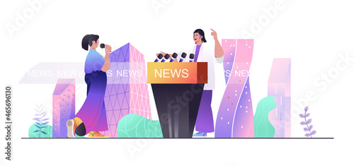 Journalism concept for web banner. Woman journalist takes commentary or interview, host of news in tv studio, modern people scene. Vector illustration in flat cartoon design with person characters