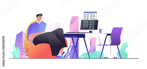 Programmer concept for web banner. Developer works at laptop, writes code on computer, man creates programs, modern people scene. Vector illustration in flat cartoon design with person characters