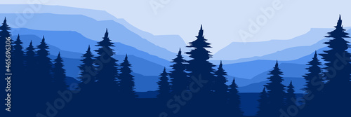 morning forest mountain landscape vector flat design illustration good for wallpaper, background, design template, backdrop template, and tourism design template