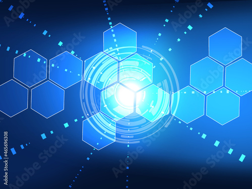 青色を背景に電子基盤の上に亀甲模様を配しテクノロジーを表現