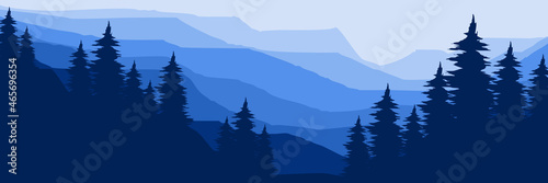 morning forest mountain landscape vector flat design illustration good for wallpaper, background, design template, backdrop template, and tourism design template