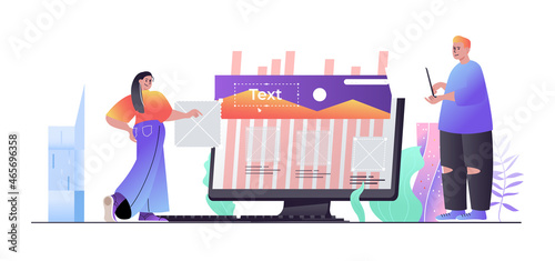 Web development concept for web banner. Man and woman create page layout, optimize and place elements at site, modern people scene. Vector illustration in flat cartoon design with person characters