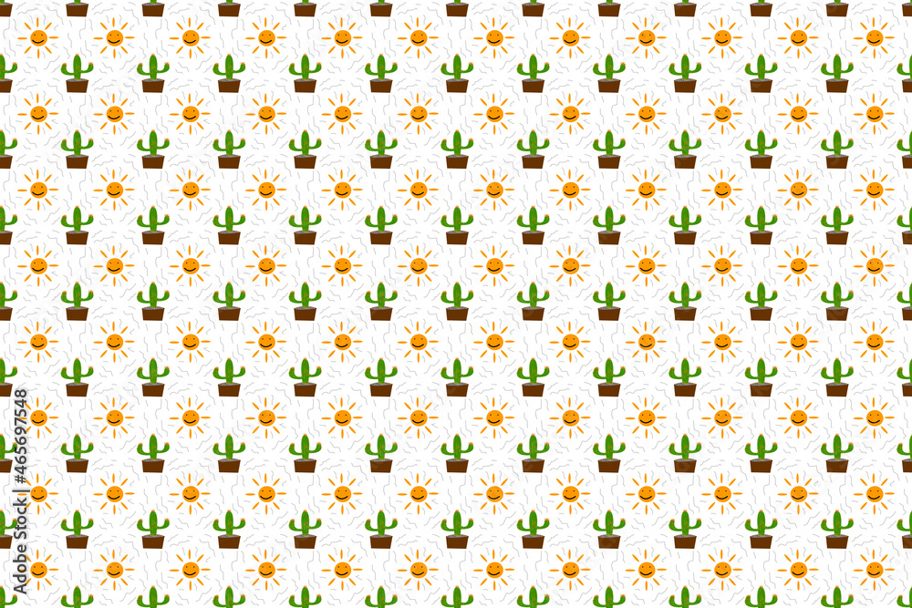 Cactus pattern wallpaper with sun seamless, white background