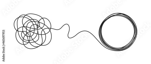 Chaos and order business concept flat style design vector illustration isolated on white background. Tangled disorder turns into circle order line, find solution. Coaching, mentoring or psychotherapy.