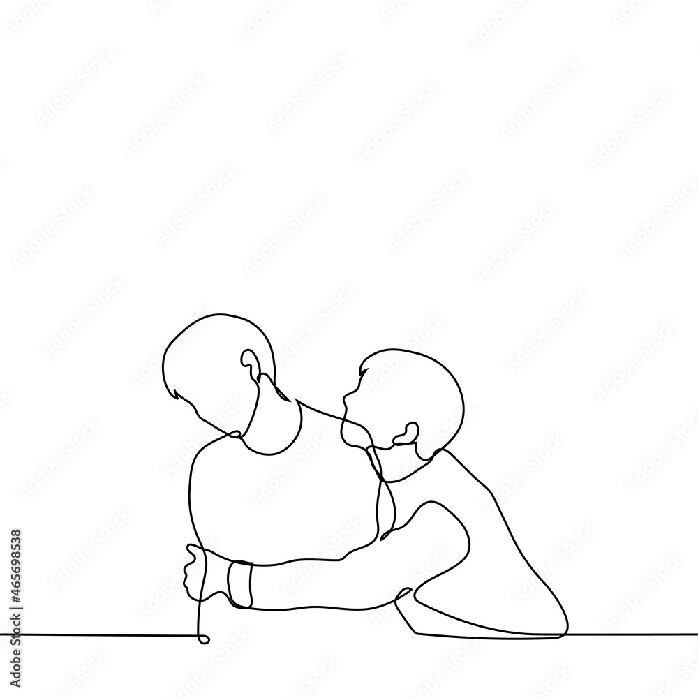 man hugs another who turns away - one line drawing. the concept of communication between tactile and non-tactile people; introvert and extrovert; sympathize and reject