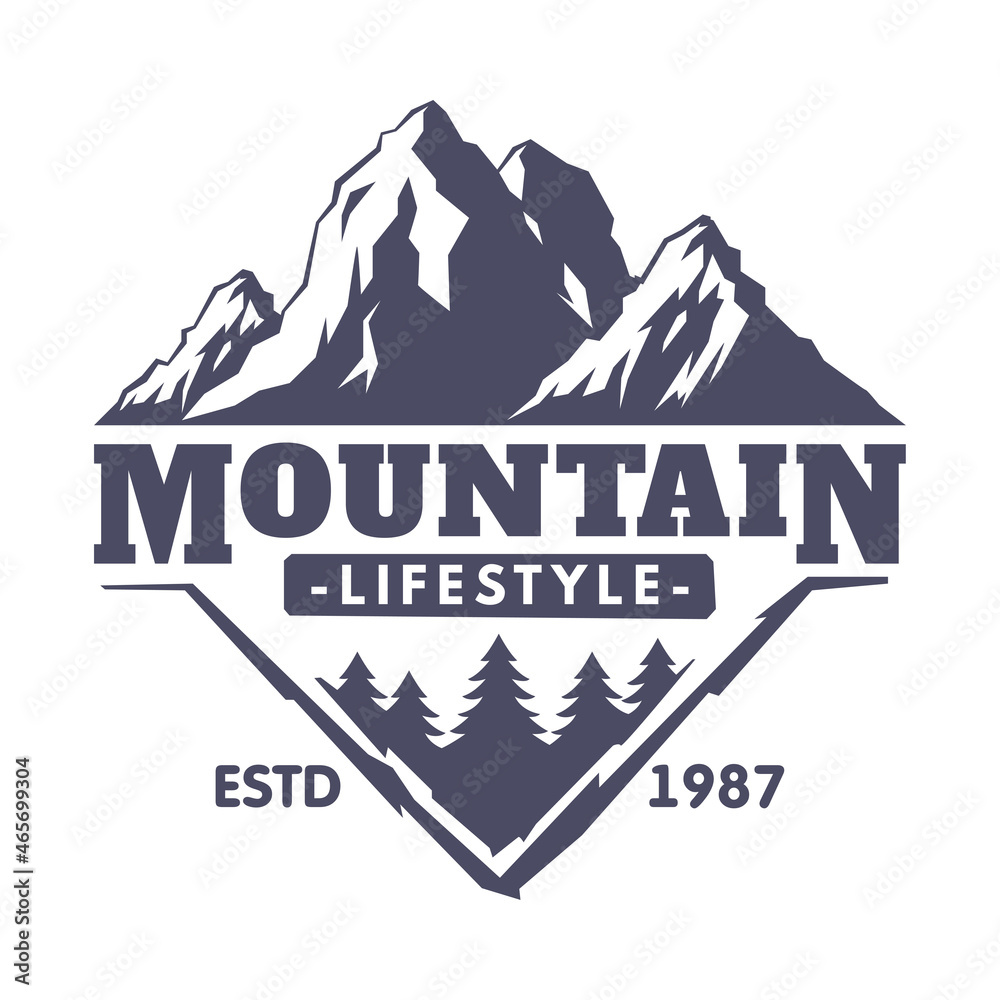 Outdoor Adventure and Hiking Tourism Logo with Black Forest and Mountain Silhouette Vector Template