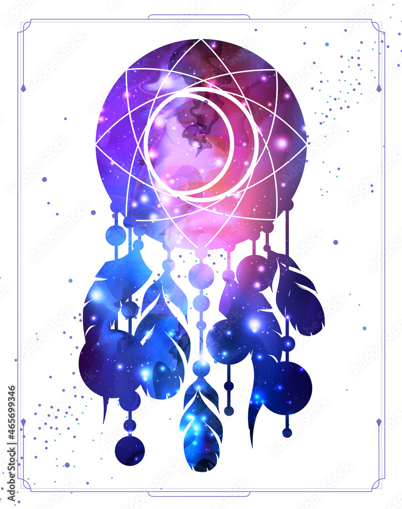 Fototapeta premium Modern magic witchcraft card with dream Catcher with outer space background inside. Vector illustration