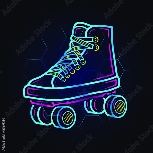 Rolling skate neon art logo. Inline skater colorful design with dark background. Sport shoes vector illustration