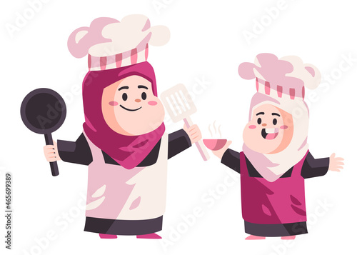 Mom mother and childreen using pink apron and hat hold on kitchen utensils prepare cooking class modern flat background isolated vector illustration