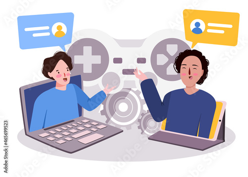 two people friends in laptop playing online game chat gamepad speech bubble modern cartoon color isolated vector illustration