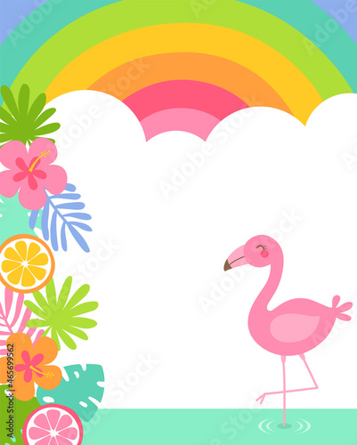 Cute flamingo with tropical flower and leaf border illustration for party invitation card template.