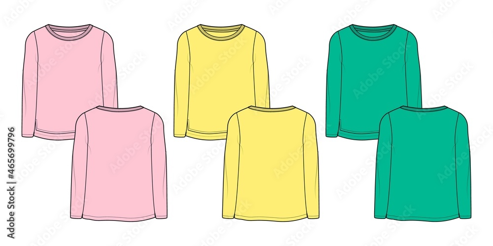 Multi color Long Sleeve T shirt Dress design technical fashion flat sketch vector illustration template for Baby girls and ladies. Cotton fabric clothing mock up front and back views. Multi color Long Sleeve T shirt Dress design technical fashion flat sketch vector illustration template for Baby girls and ladies. Cotton fabric clothing mock up front and back views.