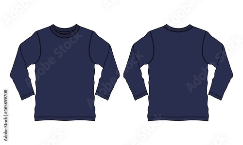 Long Sleeve basic T shirt Technical Fashion Flat sketch Vector Illustration Navy Color Template Front And back views. Apparel design Mock up drawing illustration. Easy edit and customizable.