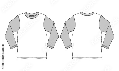 Two tone White, grey Long Sleeve basic T shirt Technical Fashion Flat sketch Vector Illustration Template Front And back views. Apparel design Mock up drawing illustration. Easy edit and customizable.