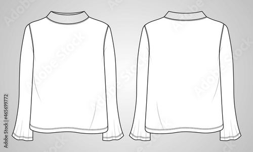 Wide Long Sleeve With High Neck, T- shirt  tops for ladies. Technical fashion flat sketch Apparel Vector  illustration Template Front and back views. Women's Unisex CAD mock up.