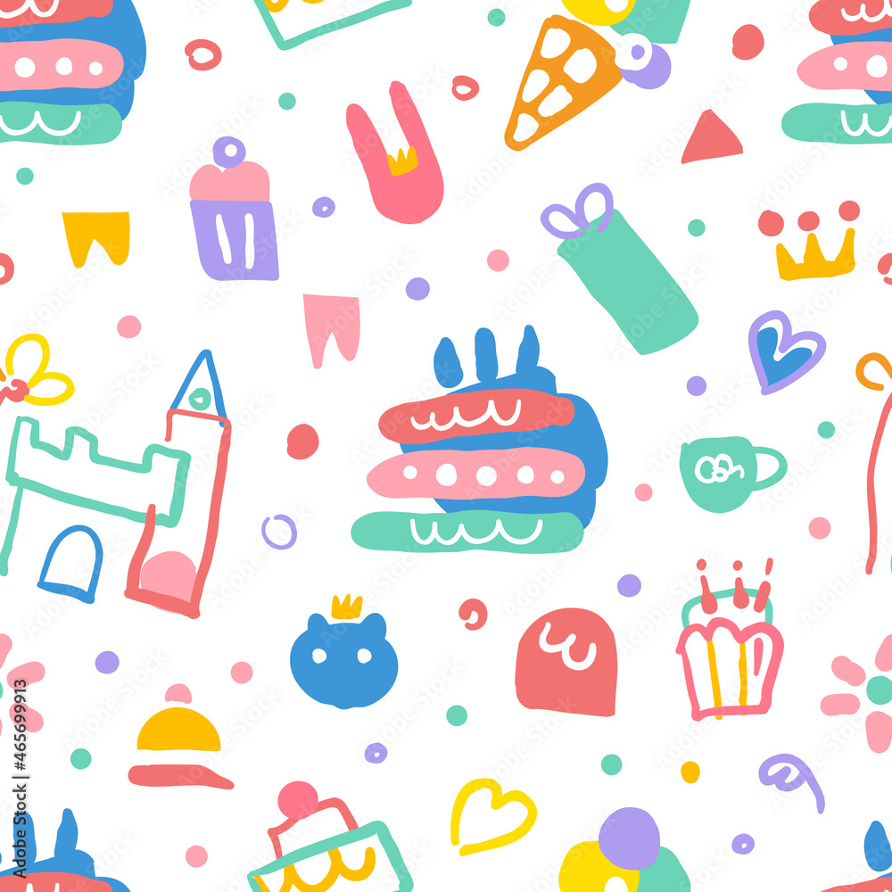 Fun and Holiday Bright Doodle Cake and Elements Vector Hand Drawn Seamless Pattern