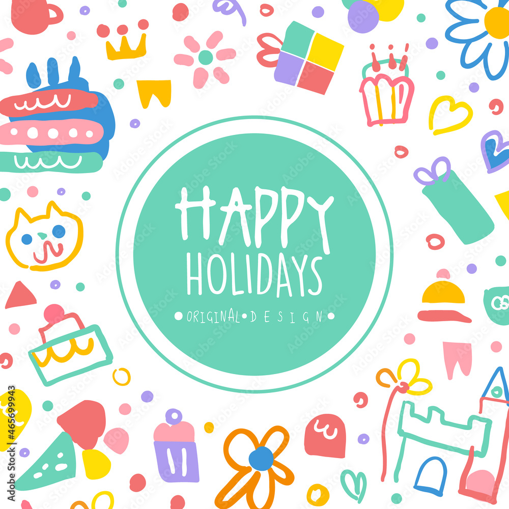 Fun and Holiday Bright Card with Doodle Cake and Elements Vector Hand Drawn Template