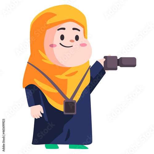 Moslem woman reporter press from a TV station is holding camera to report news modern cartoon flat color isolated background vector