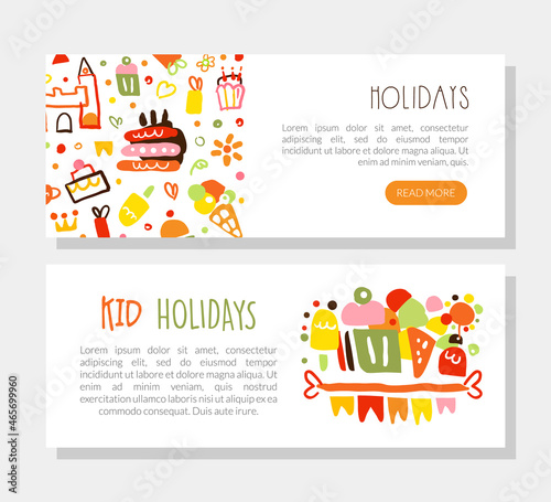 Fun and Holiday Bright Web Banner with Doodle Cake and Elements Vector Hand Drawn Template