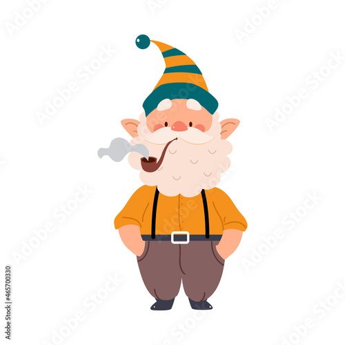 Cute Gnome Character with White Beard in Pointy Hat Smoking Pipe Vector Illustration