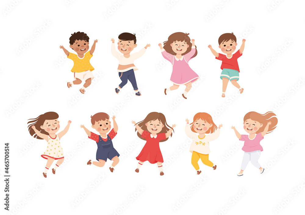 Happy Children Jumping with Joy and Hands Up Cheering and Having Fun Vector Set Happy Children Jumping with Joy and Hands Up Cheering and Having Fun Vector Set