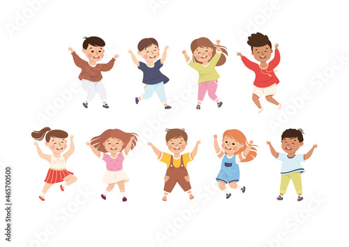 Happy Children Jumping with Joy and Hands Up Cheering and Having Fun Vector Set