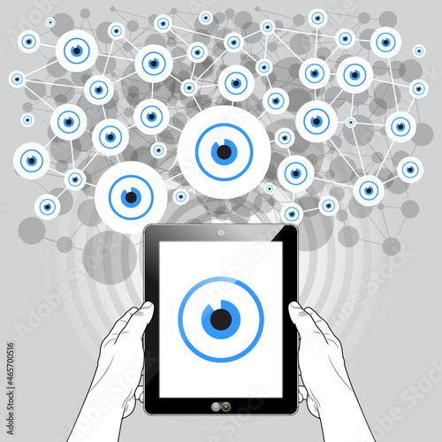 A surveillance system secretly monitoring a Tablet Pc’s network connections via installed spyware software and network system tracking.