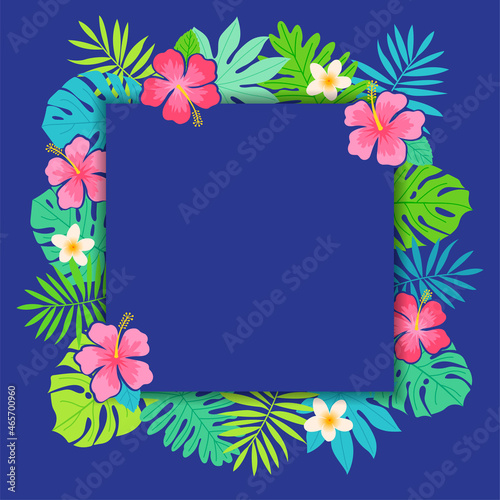 Square frame of tropical flowers and leaves for card design template.