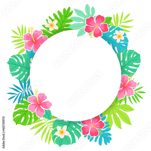 Round frame of tropical flowers and leaves for card design template.
