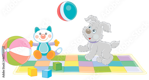 Happy little puppy gamboling and playing a striped ball among toys on a colorful checked carpet in a nursery room, vector cartoon illustration isolated on a white background