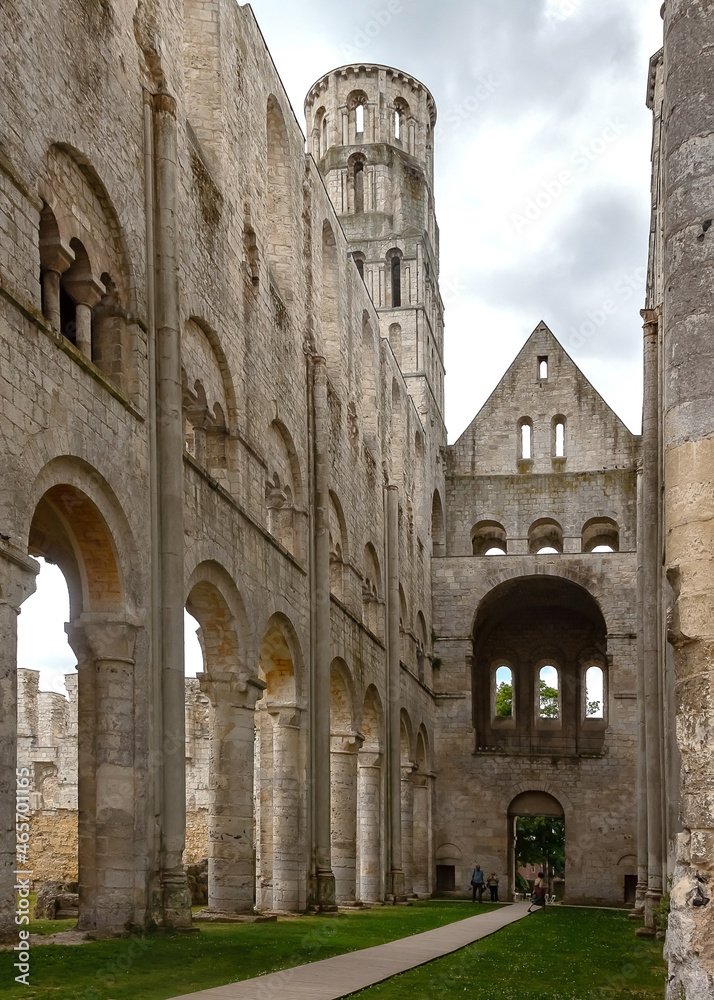 Ruins of monastery Jumieges Abbey (Abbaye de Jumieges) Normandy, France. Central nave of partially ruined benedictine monastery, medieval architecture masterpiece