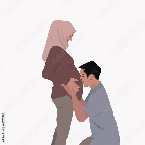 Pregnant Muslim woman.
Traditional Muslim family, pregnancy and childbirth in an Arab couple. A pregnant woman in a hijab and a national costume. Flat vector illustration.